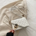 Elegant white quilted small square bag with gold metal lock and adjustable strap - White