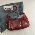Burgundy faux leather shoulder bag with transparent PVC windows and bow detail - No Pendant / Red