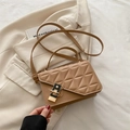 Light brown PU leather square bag with triangular quilted texture and gold chain detail - Khaki