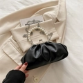Chic black cloud pleat bag with pearl handle and silver chain strap for women - Black