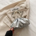 Silver metallic pleated cloud bag with pearl handle and metal chain strap - Silver