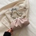 Pink cloud handbag with pleated faux leather, pearl handle and silver chain strap - Pink
