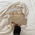 Elegante borsa beige con ricamo floreale dorato, nappina di perle e catena in metallo - Bianco