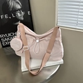 Pink pleated canvas tote bag with matching round coin purse and adjustable strap - Pink