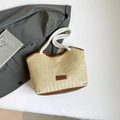 Vintage woven tote bag in beige straw with brown faux leather trim and white cotton handles - Brown