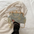 Borsa jacquard retrò grigio-verde con motivi floreali gialli e tracolla a catena oro - Blu