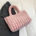 Chic pink faux fur shoulder bag with vertical stripe pleats and beaded plush handle - Pink