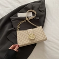 Beige small square shoulder bag with brown M-letter print and gold metal logo - White