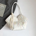 Large white quilted tote bag with colorful wave embroidery and wide canvas shoulder strap - White