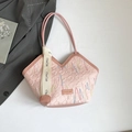 Pink quilted tote bag with colorful embroidery and unique V-shaped opening design - Pink