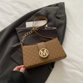 Brown leather square bag with M-letter print and golden circular metal logo buckle - Brown