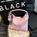 Pink glossy faux leather hobo shoulder bag with plush charm in a premium gift box - Pink