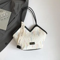 Quilted off-white tote bag with colorful embroidery and wide logo shoulder strap - Black and White