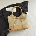 Beige straw woven underarm bag with leather bow detail and荔枝纹 texture handles - Khaki