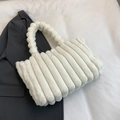 Creamy white plush tote bag with quilted bubble texture and puffy handle details - White