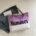 Purple and white gradient canvas tote bag with Summer print and fringe details - Purple