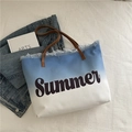 Blue gradient canvas tote bag with Summer print and fringe detail for beach or daily use - Light Blue