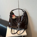 Deep brown glossy patent leather tote bag with a cute bear charm and adjustable strap - With Pendant / Brown
