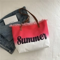 Pink gradient canvas tote bag with Summer print and fringe details for beach travel - Red