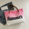 Pink and white gradient canvas tote bag with fringe detail and Summer print - Pink