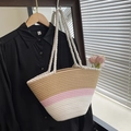 Sac cabas tissé tricolore en kaki rose et blanc avec anses en corde de coton - Rose (Sans Écharpe)