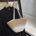 Grand sac cabas bicolore en paille tressée kaki, bleu clair et beige avec anses - Bleu (Sans Écharpe)