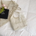Chic white lace tote bag with bow detail and slim shoulder strap for summer - White With Silk Scarf