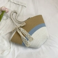 Sac de plage tressé en marron bleu clair et blanc avec un nœud en dentelle - Bleu (Avec Écharpe)