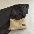 Stylish beige straw woven crossbody bag with black strap and branded leather patch - Black