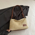 Beige woven straw shoulder bag with brown leather straps and Fanyissa logo patch - Brown
