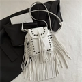 White bohemian crossbody bag with vintage bronze rivets and long leather tassels - White