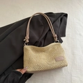 Beige woven straw shoulder bag with leather knot straps and brand logo detail - Khaki