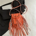 Vibrant orange crossbody bag with long tassels and rivet details on lychee leather - Orange