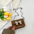 Braune Vintage Mini-Umhängetasche für Mädchen mit silberner Schleife und Kette - Braun