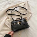 Elegant black woven leather square handbag with golden zipper and adjustable strap - Black