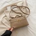 Khaki woven leather crossbody box bag with dual gold zippers and top handle - Khaki