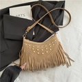 Khaki bohemian saddle bag with golden rivets and long fringes, adjustable leather strap - Khaki