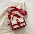 Chic white crossbody bag with red cherry prints and leather trim for women - With Pendant / Red