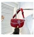 Detail of red PU leather waist bag with silver chunky chain and woven shoulder strap - Red