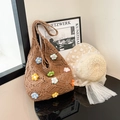 Brown crochet knit tote bag with floral charms and straw hat for summer commute - Upgraded (With 3D Floral Decoration) / Khaki