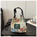 Detail of vintage floral jacquard tote bag with dark green label and woven handles - Vintage Rich Floral (Style 2)