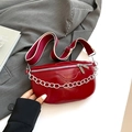 Fashionable dark red semi-circle chest bag with silver chain and wide woven strap - Red