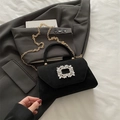 Elegant black suede small crossbody bag with shimmering square rhinestone buckle and gold chain - Black