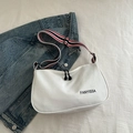 White nylon shoulder bag with wide striped strap and minimalist black logo design - White