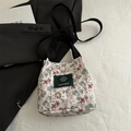 Bolso cubo de lona floral crema con flores rosas y correa negra ajustable - Lona Floral (Estilo 1)
