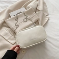 White minimalist PU leather makeup bag with silver chain strap and fashion letter print - White