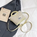 Straw tote bag with light green leather base, white lace trim and bow accent - Yellow