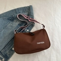Deep brown nylon crossbody bag with wide striped shoulder strap and FANYISSA print - Brown