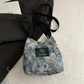 Retro blue and grey jacquard floral bucket bag with black strap and woven handles - Blue-Grey Floral (Style 5)