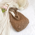 Brown handmade crochet tote bag with hollow knit patterns and casual woven shoulder strap - Standard Edition / Normal Khaki